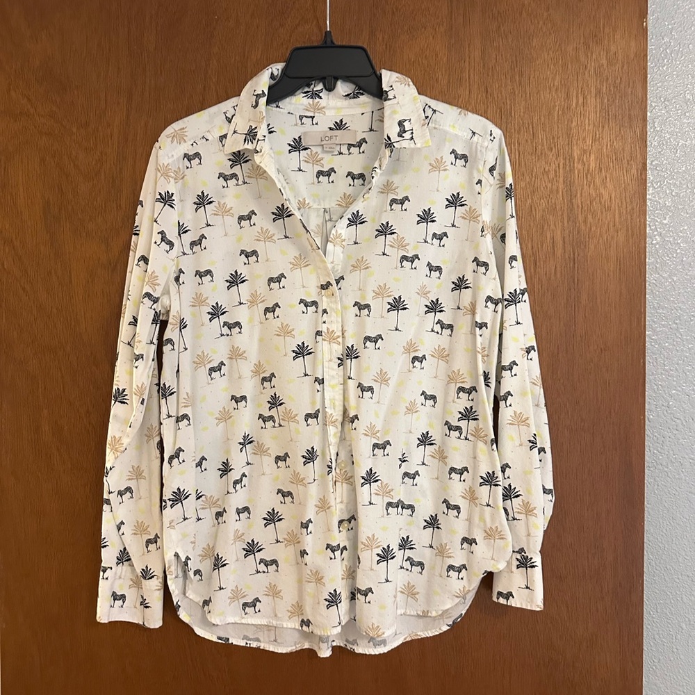 LOFT White Button-Up Shirt with Animal Print